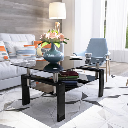 Glass Coffee Table with Lower Shelf, SEGMART Clear Rectangle Glass Coffee Table, Modern Coffee Table with Metal Legs, Rectangle Center Table Sofa Table Home Furniture for Living Room