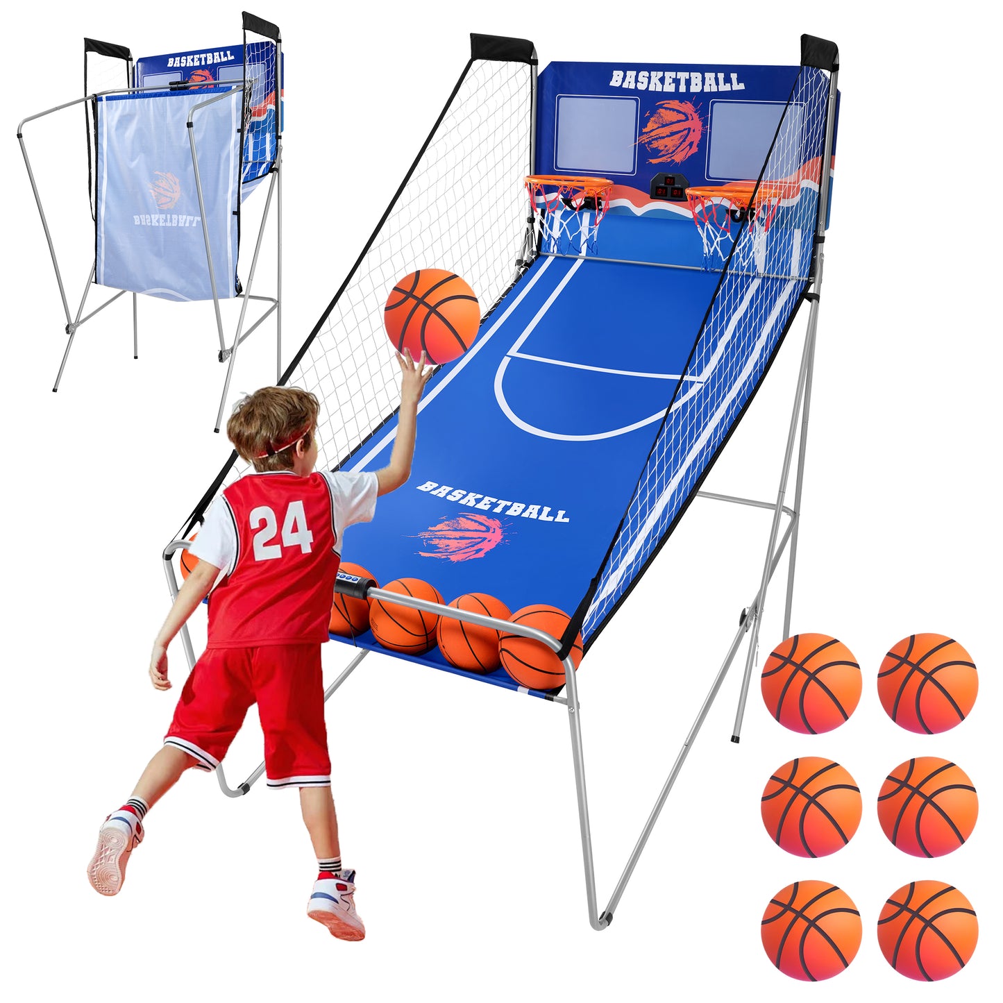 81" Foldable Basketball Arcade Game, Electronic Dual Shot Basketball Games, Indoor Outdoor Basketball Game Machine with 8 Game Options, 6 Balls, LED Scorer, Steel Frame, Inflation Pump for Home