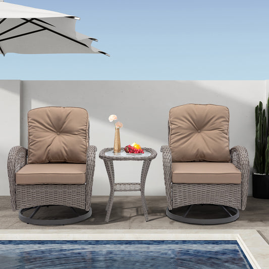 Segmart 3 Pieces Patio Furniture Set, Rattan 360° Swivel Gliders Rocker for Porch Balcony, Outdoor Patio Bistro Set with Khaki Thickened Cushions, Side Table