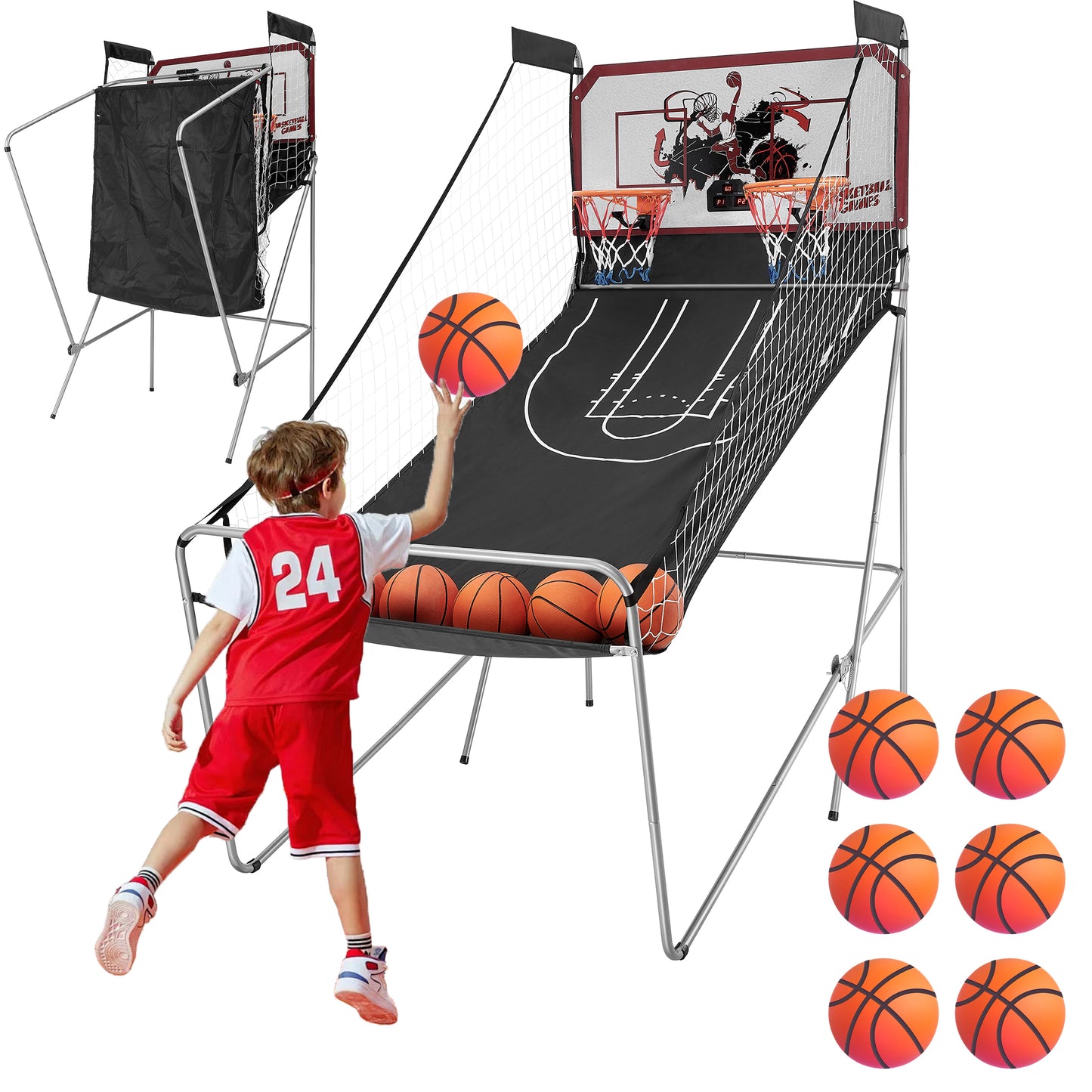81" Foldable Basketball Arcade Game, Electronic Dual Shot Basketball Games, Indoor Outdoor Basketball Game Machine with 8 Game Options, 6 Balls, LED Scorer, Steel Frame, Inflation Pump for Home