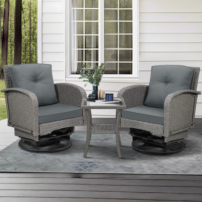 3pcs Patio Furniture Set on Sale, Rattan Outdoor Conversation Set of 2, Patio Bistro Set w/ 360° Swivel Rocking Chairs & Table, Gray Thickened Cushions
