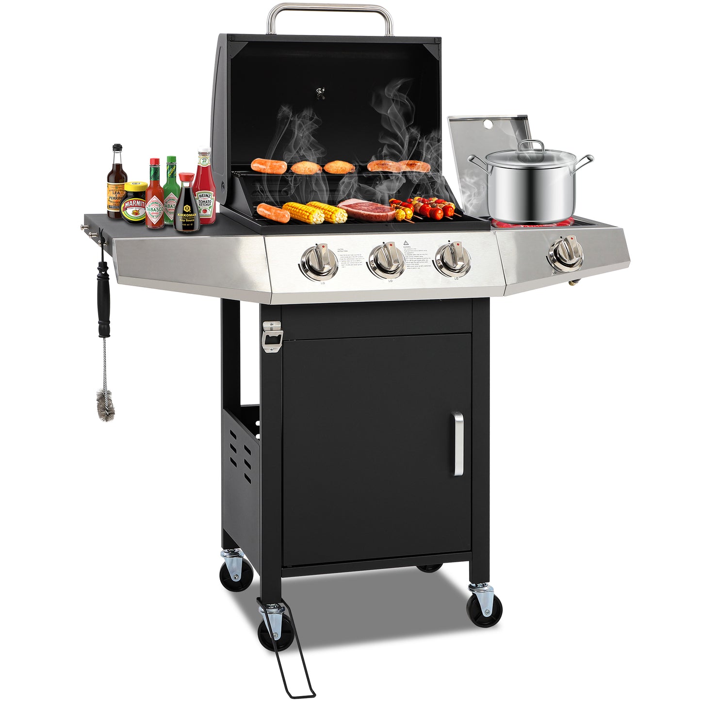 SEGMART 4 Burner Propane Gas Grill with Side Burner, 46,500 BTU Outdoor Cooking BBQ Grill with Porcelain-Enameled Cast Iron Grates, Equipped with Temperature, Tool Hooks, and Bottle Opener