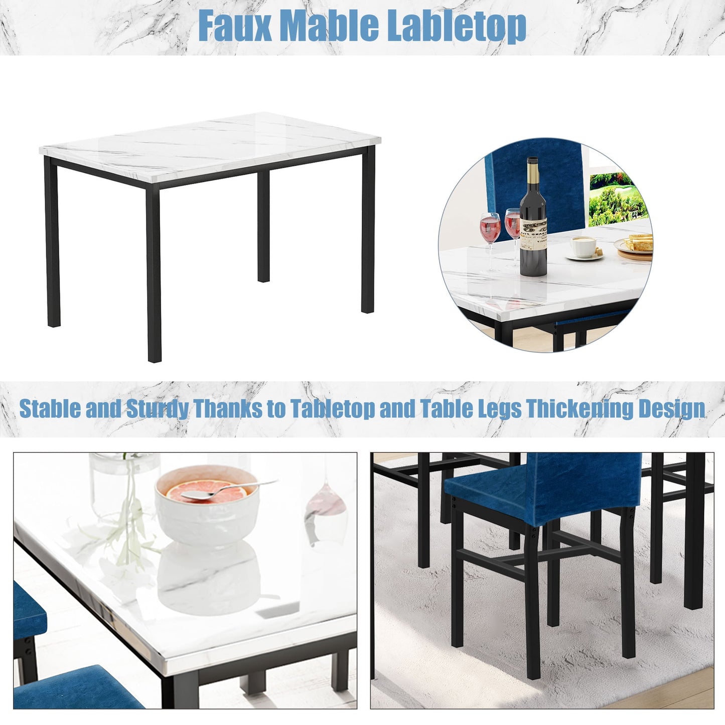 Kitchen Table and 4 Chairs Set, Metal Kitchen Table Sets Faux Marble Rectangular Breakfast Table w/Metal Legs & Black Finish Frame, Dining Table Sets for an Apartment Breakfast, SS1308