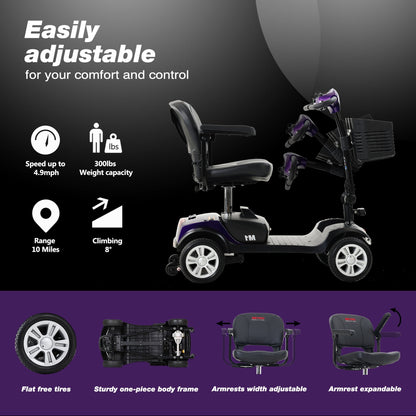 Outdoor Motorized Electric Carts for Senior, Heavy Duty Electric Scooters with 4 Wheel, Sliding Swivel Seat with Flip-Up Armrests for Adults, Easy Assembly, 300lbs, Purple, SS1432