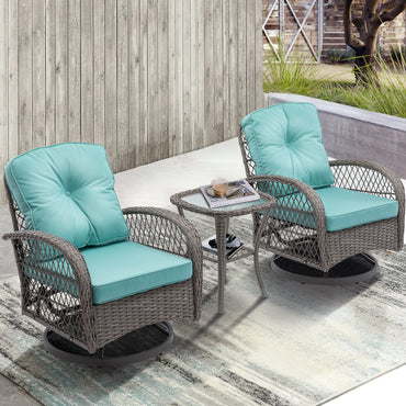 3 Pieces Patio Furniture Set, Outdoor Swivel Chairs Set with Table, Rattan Swivel Rocker Lounge with Cushions for Porch Deck Backyard