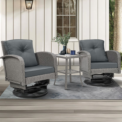 3pcs Patio Furniture Set on Sale, Rattan Outdoor Conversation Set of 2, Patio Bistro Set w/ 360° Swivel Rocking Chairs & Table, Gray Thickened Cushions