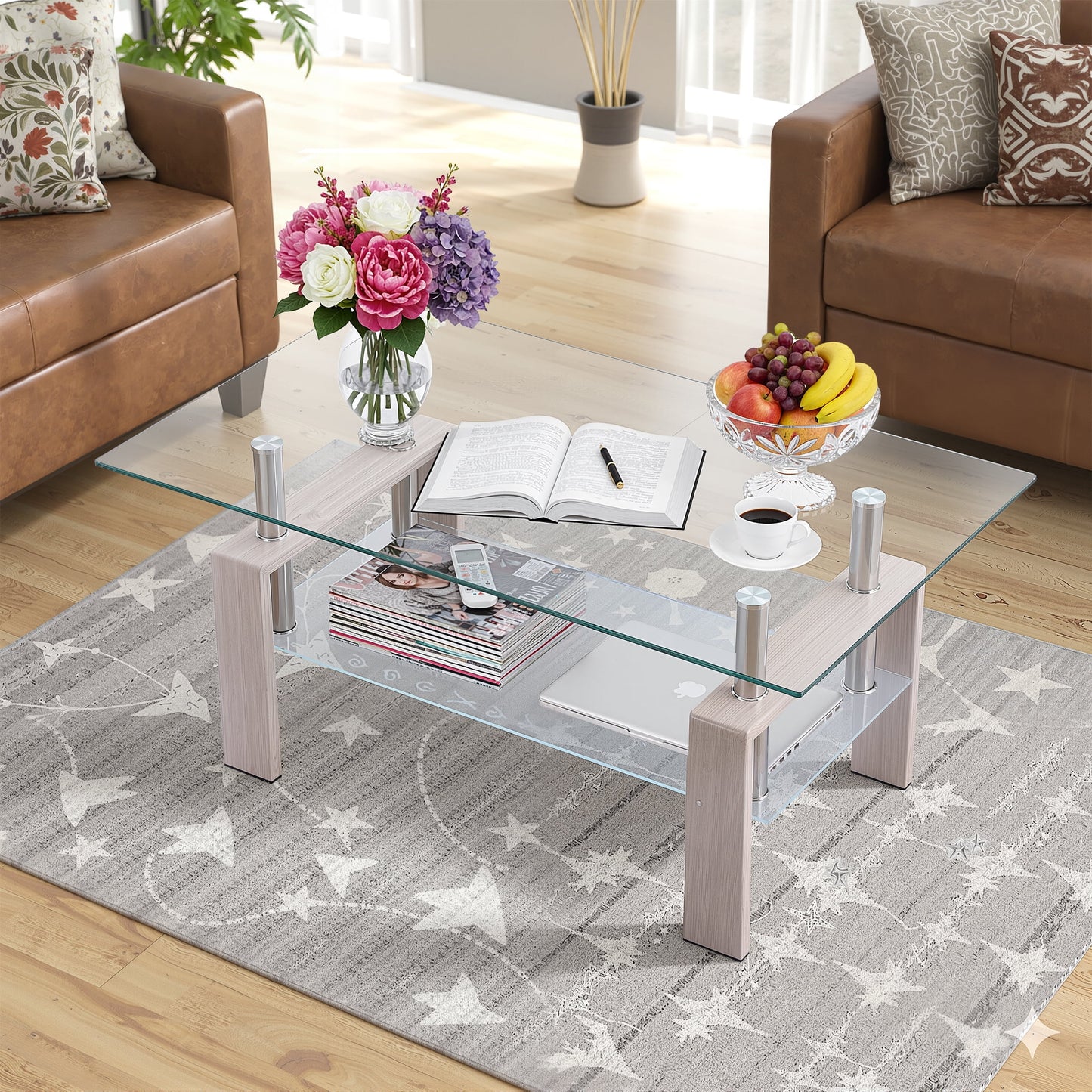 Glass Coffee Table with Lower Shelf, SEGMART Clear Rectangle Glass Coffee Table, Modern Coffee Table with Metal Legs, Rectangle Center Table Sofa Table Home Furniture for Living Room