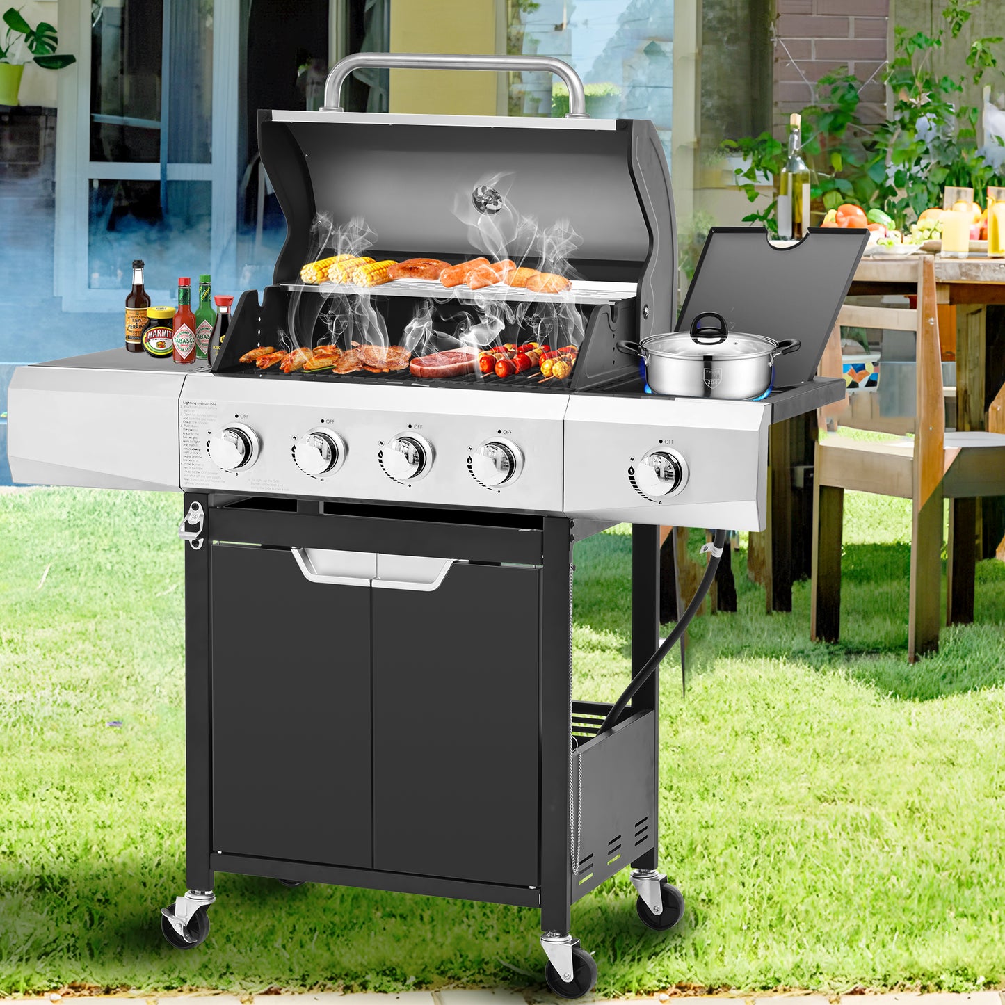 4-Burner Gas Grill with Side Burner, 51,000 BTU Propane BBQ Grill with Porcelain-Enameled Cast Iron Grates, Built-in Thermometer, Ideal for Patio Camping Outdoor Cooking