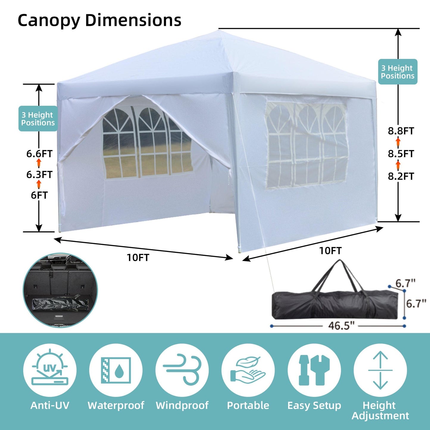 10'x10' Outdoor Wedding Party Tent with 4 Sidewalls, SEGMART Pop Up Canopy Tent with 3 Adjustable Heights, Portable Waterproof Instant Patio Gazebo Tent with Carrying Bag for Garden Pavilion