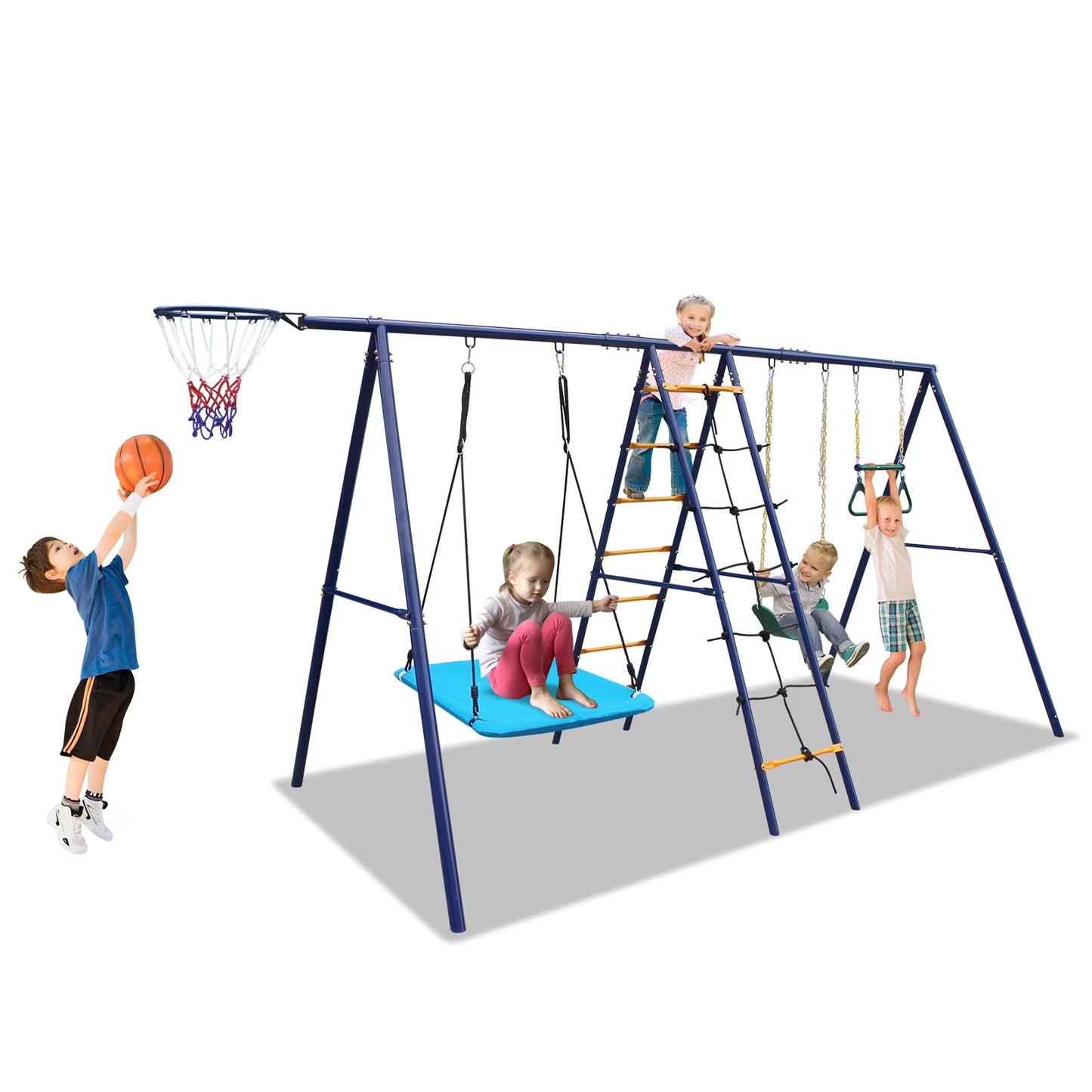 6 in 1 Swing Sets for Backyard 700 lbs, SEGMART Metal Swing Set Outdoor for Kids Playground, Heavy Duty Swing Stand with 2 Adjustable Swings, Climbing Ladder, Net, Basketball Hoop, Trapeze bar
