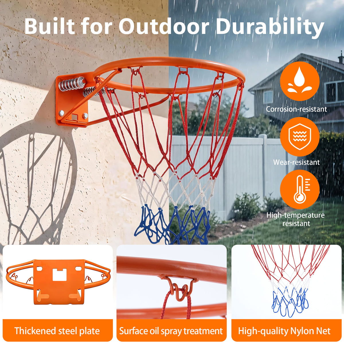 Regulation 18" Steel Basketball Rim, SEGMART Dual Spring Basketball Rim with All Weather Net, Replacement Rim for Indoor or Outdoor Hoop, Basketball Hoop Rim with Complete Installation Kit, Yellow