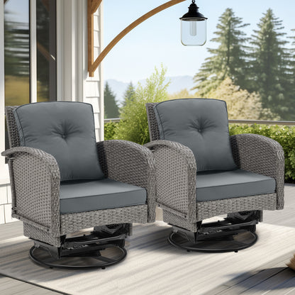 3pcs Patio Furniture Set on Sale, Rattan Outdoor Conversation Set of 2, Patio Bistro Set w/ 360° Swivel Rocking Chairs & Table, Gray Thickened Cushions