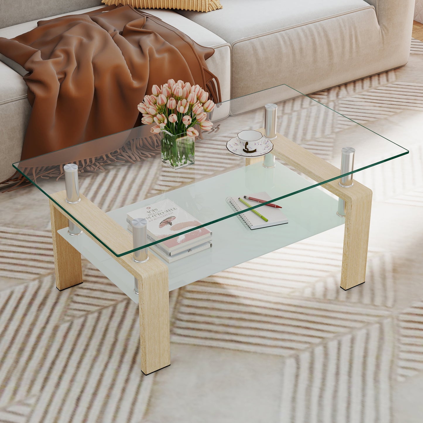 Glass Coffee Table with Lower Shelf, SEGMART Clear Rectangle Glass Coffee Table, Modern Coffee Table with Metal Legs, Rectangle Center Table Sofa Table Home Furniture for Living Room