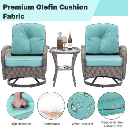 3 Pieces Patio Furniture Set, Outdoor Swivel Chairs Set with Table, Rattan Swivel Rocker Lounge with Cushions for Porch Deck Backyard