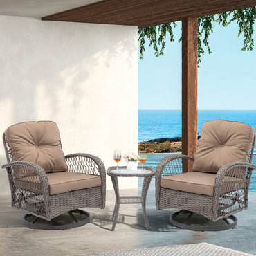 Segmart 3 Pieces Patio Furniture Set, Rattan 360° Swivel Gliders Rocker for Porch Balcony, Outdoor Patio Bistro Set with Khaki Thickened Cushions, Side Table