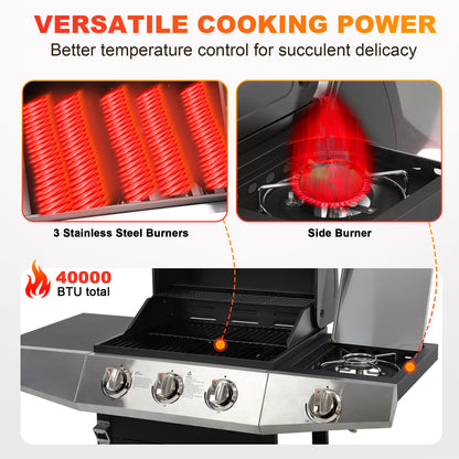 3-Burner Propane Gas Grill with Side Burner, Gas BBQ Grill with Thermometer, Bottle Opener, and Tool Hooks, 40000 BTU Output, Fit for Patio Camping Outdoor Cooking