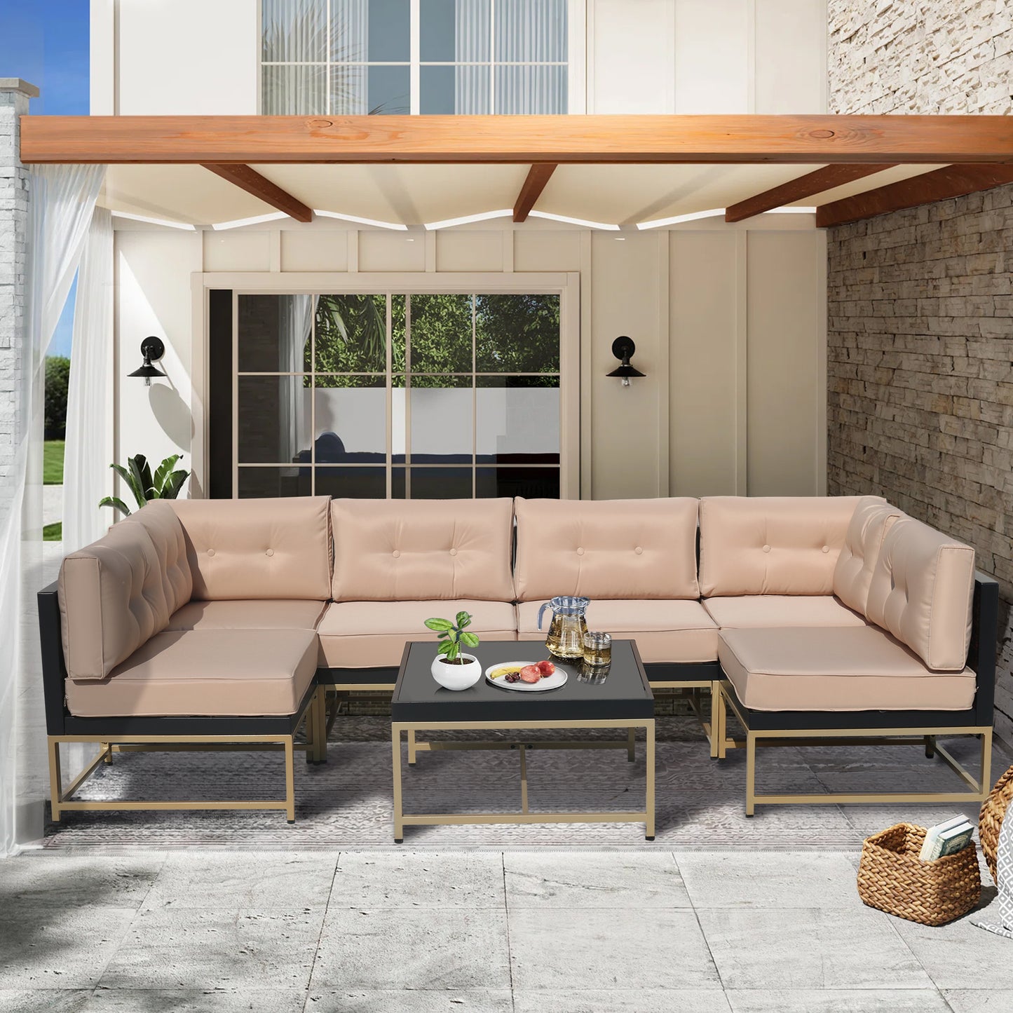 7 Pieces Patio Furniture Set, Outdoor Rattan Sectional Sofa Set with Cushions, Backyard Porch Couch with Coffee Table, Heavy-Duty Steel Frame and Adjustable Feet