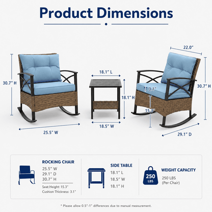 Segmart 3-Piece Patio Rocking Bistro Set, Outdoor Rattan Wicker Chairs with Blue Cushions & Steel Side Table, Front Porch Furniture Set for Balcony, Garden, Poolside