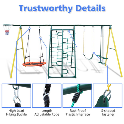 Swing Sets for Backyard, 6 in 1 Swing Set for Outside, Segmart Heavy Duty A-Frame Metal Swing Set with Climbing Ladder and Nets, Saucer Swing, Belt Swing, Basketball Hoop, Wavy Slide