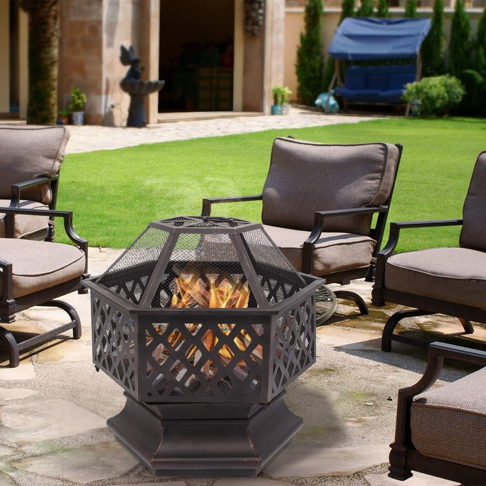 Fire Pit for Outside, Premium Hexagon-shaped Steel Fire Pit w/Mesh Screen Lid, Portable Outdoor Metal Fire Pit with Poker, Multifunctional Heater/Grill/Ice Pit for Patio Garden BBQ Grill, S7039