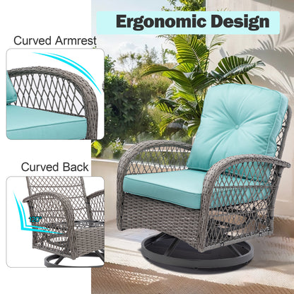 3 Pieces Patio Furniture Set, Outdoor Swivel Chairs Set with Table, Rattan Swivel Rocker Lounge with Cushions for Porch Deck Backyard
