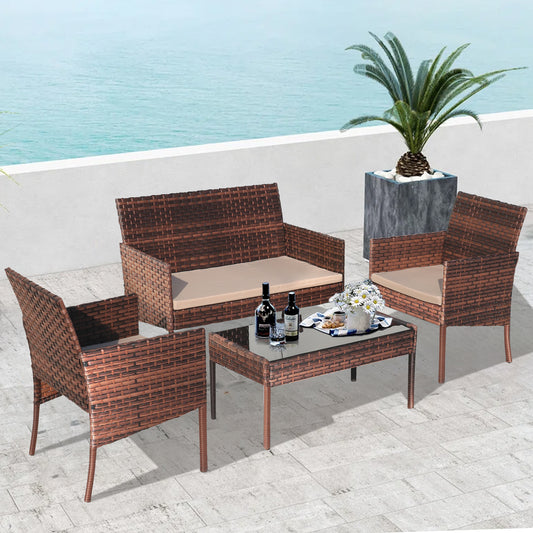 Segmart 4PCS Patio Set, Outdoor Rattan Wicker Conversation Sofa Set with Cushions, All-weather Patio Furniture Set for Porch Backyard Balcony, Brown