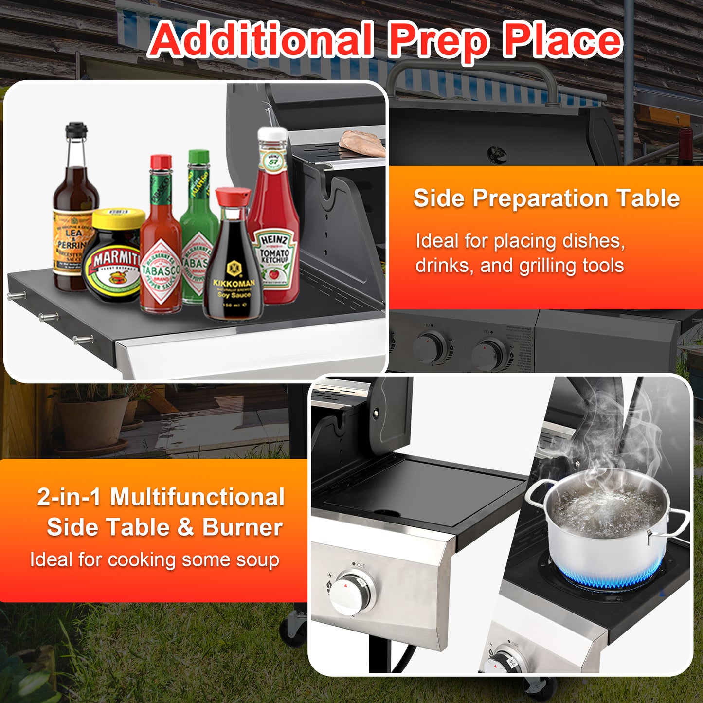 4-Burner Gas Grill with Side Burner, 51,000 BTU Propane BBQ Grill with Porcelain-Enameled Cast Iron Grates, Built-in Thermometer, Ideal for Patio Camping Outdoor Cooking