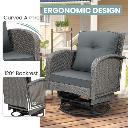 3pcs Patio Furniture Set on Sale, Rattan Outdoor Conversation Set of 2, Patio Bistro Set w/ 360° Swivel Rocking Chairs & Table, Gray Thickened Cushions