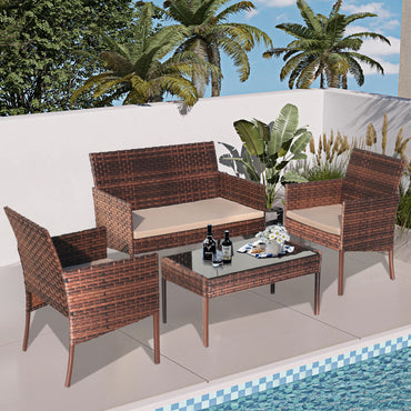 Segmart 4PCS Patio Set, Outdoor Rattan Wicker Conversation Sofa Set with Cushions, All-weather Patio Furniture Set for Porch Backyard Balcony, Brown