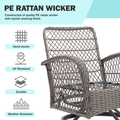 3 Pieces Patio Furniture Set, Outdoor Swivel Chairs Set with Table, Rattan Swivel Rocker Lounge with Cushions for Porch Deck Backyard