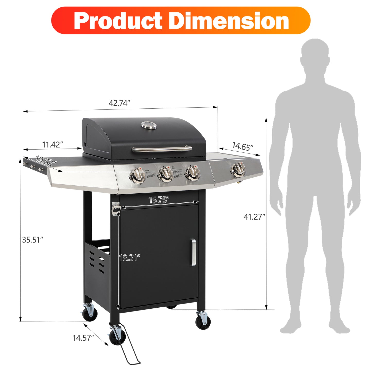 3-Burner Propane Gas Grill with Side Burner, Gas BBQ Grill with Thermometer, Bottle Opener, and Tool Hooks, 40000 BTU Output, Fit for Patio Camping Outdoor Cooking
