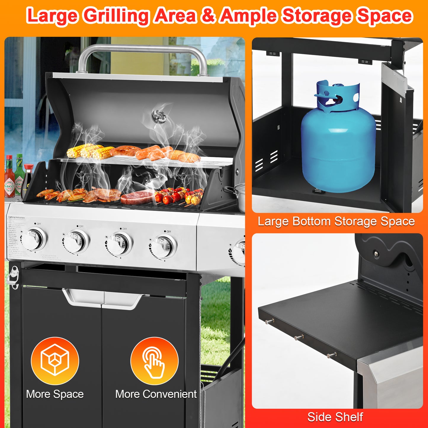 4-Burner Gas Grill with Side Burner, 51,000 BTU Propane BBQ Grill with Porcelain-Enameled Cast Iron Grates, Built-in Thermometer, Ideal for Patio Camping Outdoor Cooking