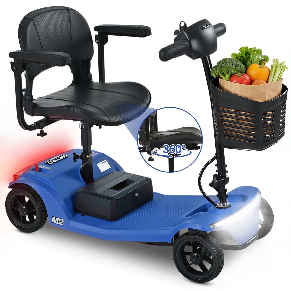 4-Wheel Foldable Mobility Scooter for Seniors, Portable Electric Power Scooter with Stable Anti-Tip Wheels, Rear Brake Light, USB charging port,Supports 330 lbs,Travel Scooter,Blue