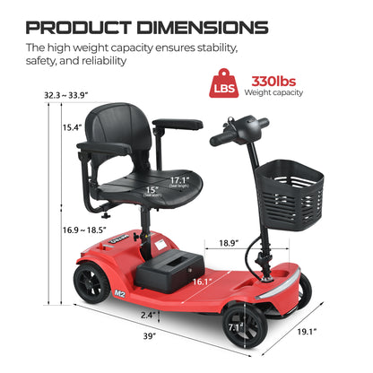 4-Wheel Foldable Mobility Scooter for Seniors, Portable Electric Power Scooter with Stable Anti-Tip Wheels, Rear Brake Light, USB charging port,Supports 330 lbs,Travel Scooter,Red