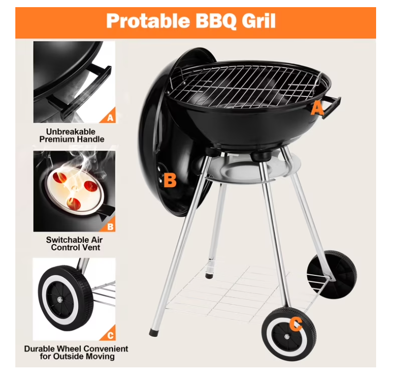 Segmart BBQ Charcoal Grill for Outdoor, 18 Inch Portable Kettle Charcoal Grill with Wheels, Barbecue Oven for Patio, Backyard, Camping, Black