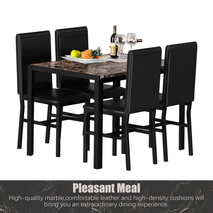 Kitchen Dining Table Set, Metal Kitchen Table Sets with 4 Chairs, Faux Marble Rectangular Breakfast Table w/Metal Legs & Black Finish Frame, Dining Table Sets for an Apartment Breakfast, SS1288