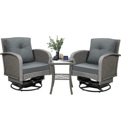 3pcs Patio Furniture Set on Sale, Rattan Outdoor Conversation Set of 2, Patio Bistro Set w/ 360° Swivel Rocking Chairs & Table, Gray Thickened Cushions