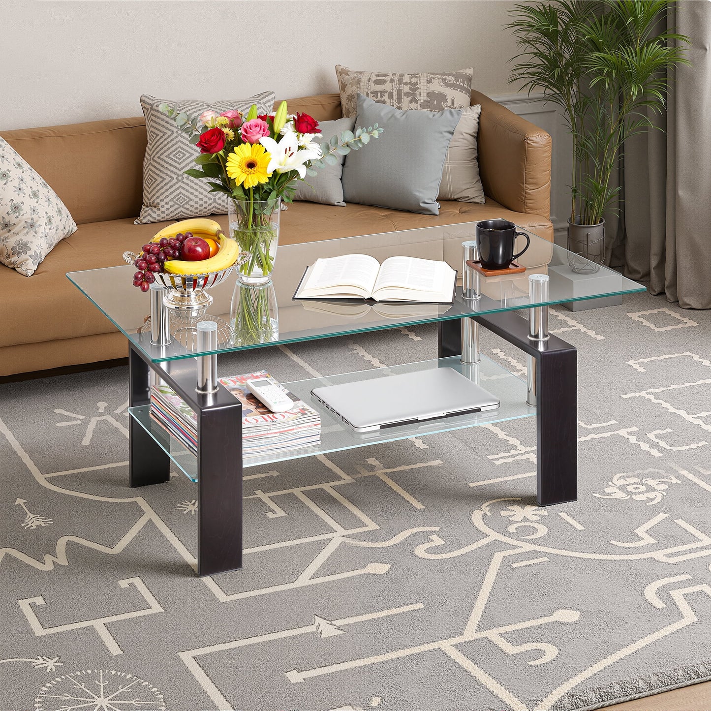 Glass Coffee Table with Lower Shelf, SEGMART Clear Rectangle Glass Coffee Table, Modern Coffee Table with Metal Legs, Rectangle Center Table Sofa Table Home Furniture for Living Room