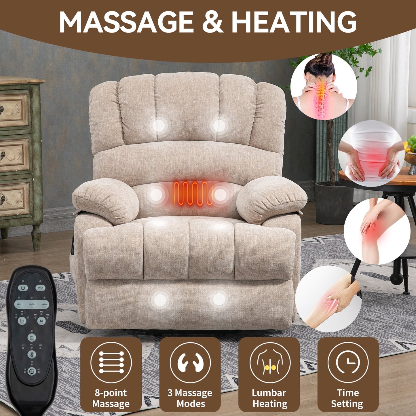 Extra Wide Power Lift Recliner Chair for Elderly, Oversized Chenille Lift Chair with 8-Point Massage & Lumbar Heat, USB Charging Port, Side Pockets, 350 lbs Capacity
