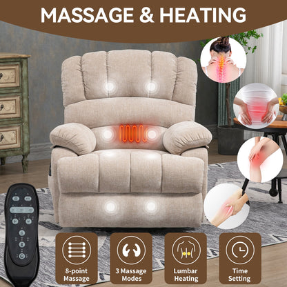 Extra Wide Power Lift Recliner Chair for Elderly, Oversized Chenille Lift Chair with 8-Point Massage & Lumbar Heat, USB Charging Port, Side Pockets, 350 lbs Capacity