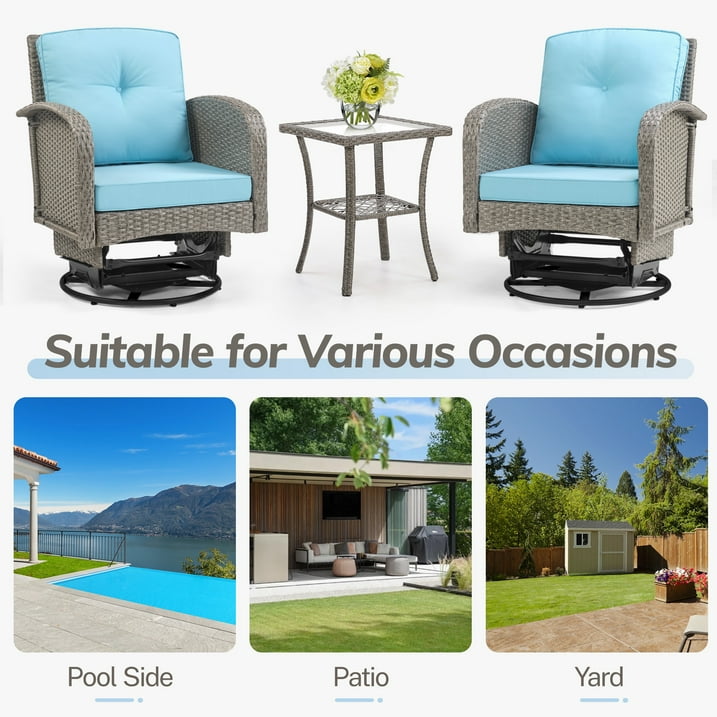 3-Piece Outdoor Swivel Rocker Chairs, 360° Patio Rattan Wicker Swivel Rocking Chair Set with Thickened Cushions and Glass Coffee Table, Max Weight 360 LBS, Light Blue
