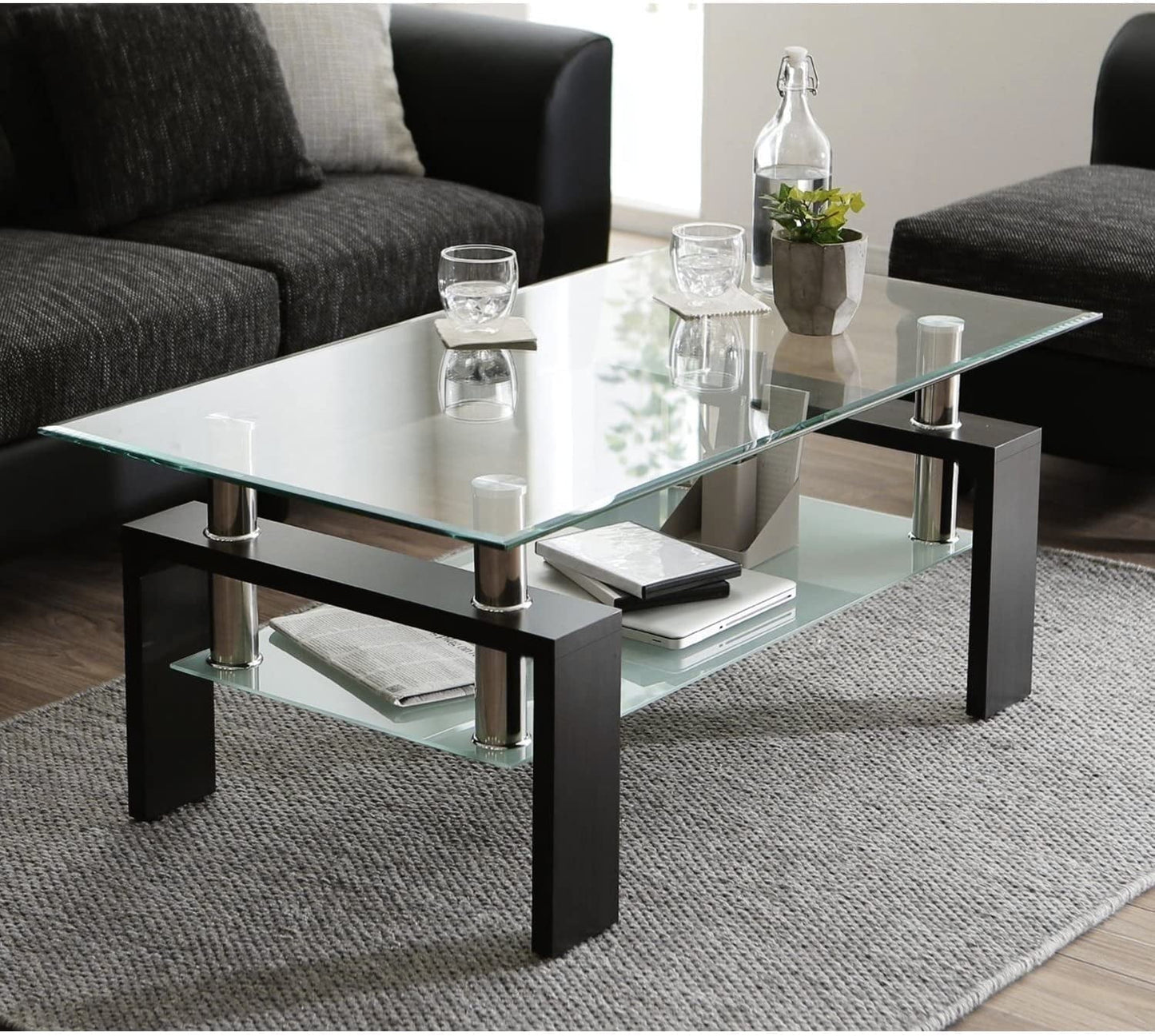 Glass Coffee Table with Lower Shelf, SEGMART Clear Rectangle Glass Coffee Table, Modern Coffee Table with Metal Legs, Rectangle Center Table Sofa Table Home Furniture for Living Room