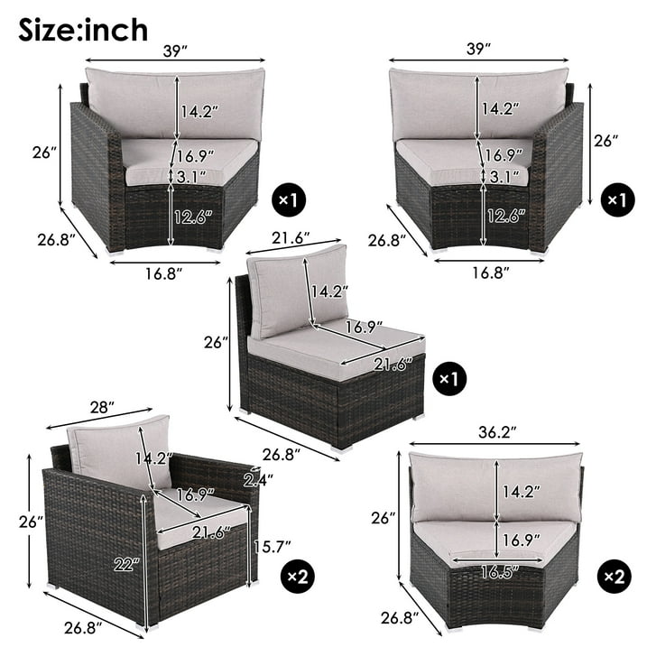9 Pieces Patio Furniture Set, Wicker Sectional Table and Chairs Sets, Patio Conversation Set with Sectional Chaise Longue, Coffee Table, Suitable for Porch Backyard Garden, Beige