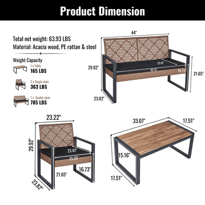 Segmart Patio Conversation Set for Outdoor, 2025 Upgrade 4-Piece Conversation Furniture Set w/Loveseat Sofa, 2 Single Sofas, Coffee Dining Table and Padded Cushions, Max Weight 705 lbs, Brown