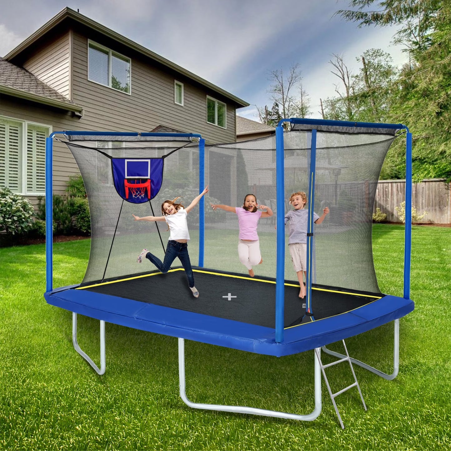 8X12FT Rectangular Trampoline with Enclosure Net, SEGMART Big Outdoor Rectangle Trampoline with Basketball Hoop, Large Square Trampoline 1322LBS Weight Capacity with Storage Bag for Kids, Adults