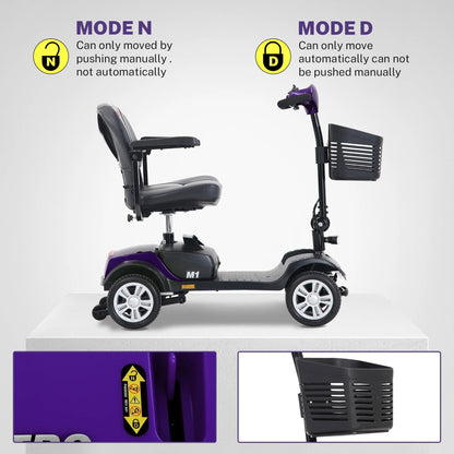 Segmart 4 Wheel Mobility Scooter for Seniors,electric wheelchairs for adults lightweight foldable, 15 Miles Range, 300lbs Capacity, W/LED Head Lights & Basket, Purple