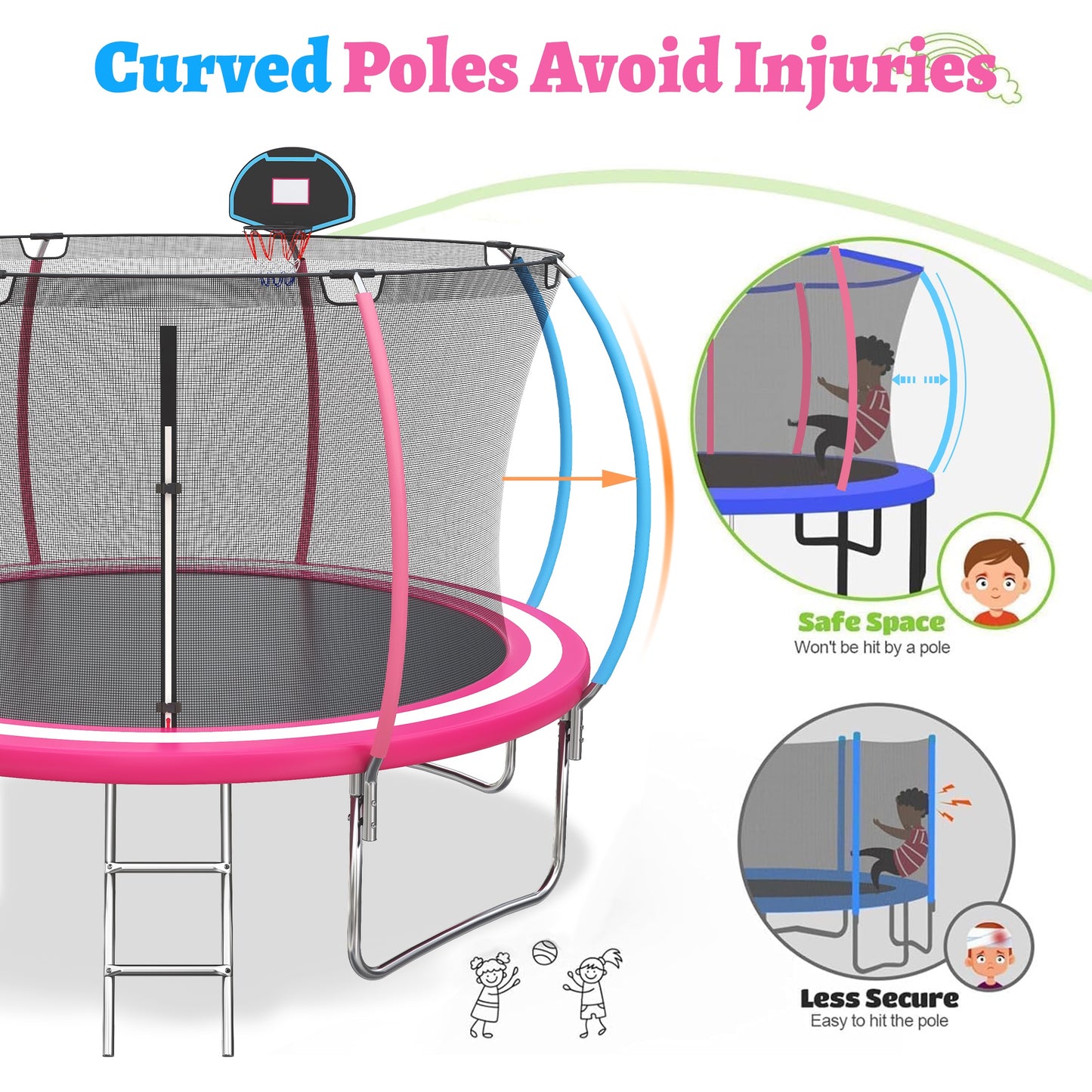 12ft Trampoline with Safety Enclosure, SEGMART Upgrade Outdoor Trampoline with Basketball Hoop, Heavy Duty Back Yard Trampoline with Ladder for Kids and Adults, Pink