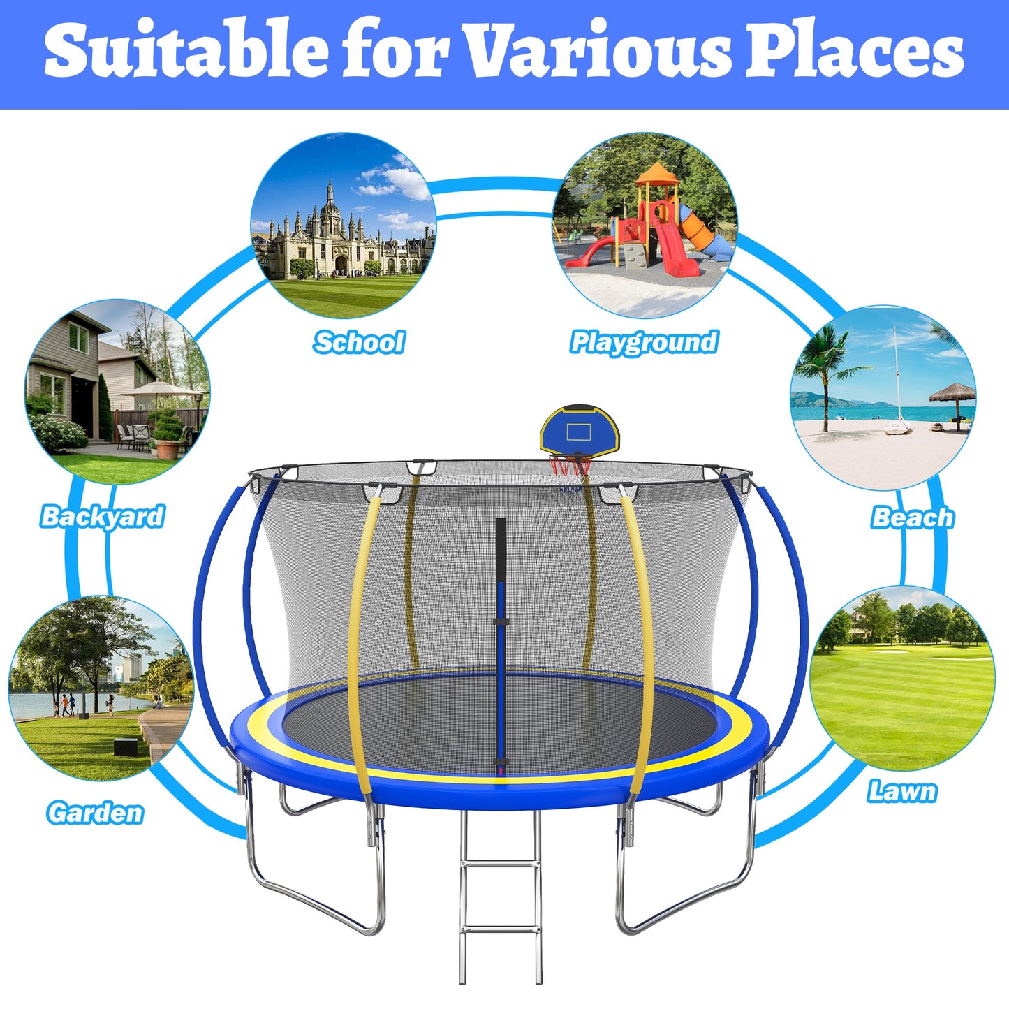 12FT Trampoline with Basketball Hoop for Kids and Adults, SEGMART Upgrade Outdoor Trampoline with Safety Enclosure Net, Heavy Duty Backyard Trampoline with Ladder for Lawn Garden Yard, Bule