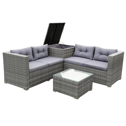 Patio Chat Set with Storage Box, 4 Piece Patio Wicker Furniture Set with Coffee Table, 2 Sofas, PE Rattan Outdoor Conversation Sectional Sofa Set with Gray Cushions for Backyard, Porch, Garden, L3579