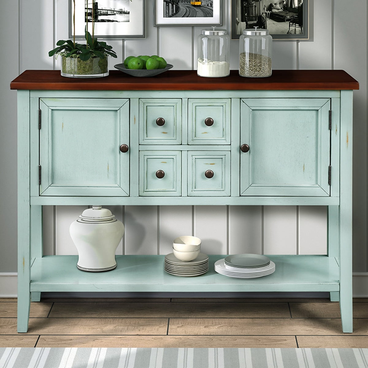 Console Table with 4 Storage Drawers,Storage Vintage Wood Buffet Sideboard Desk with 2 Cabinets and Bottom Shelf, Retro Entryway Table Cupboard for Living Room, Foyer, Hallway